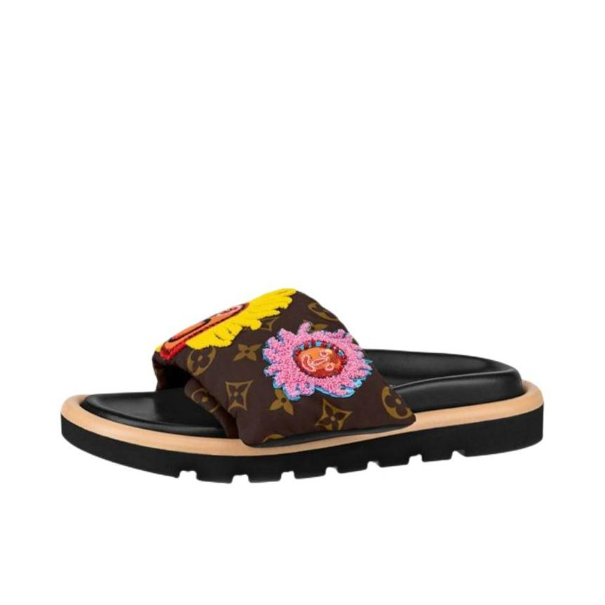 推荐商品：Louis Vuitton 路易威登 Miami Mules 舒适圆头 套穿 一字 平底 时尚简约 拖鞋 女款/草间弥生联名/棕色/黄色