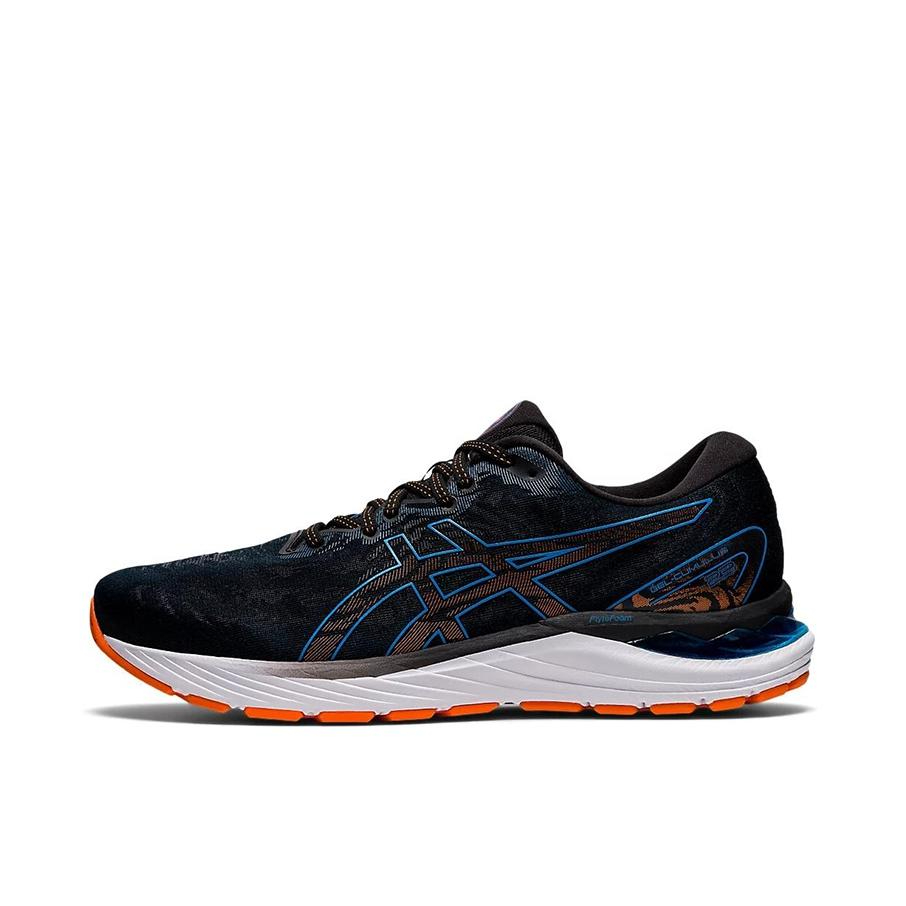 推荐商品：Asics/亚瑟士 Gel-Cumulus 23 跑鞋 缓震回弹防滑耐磨舒适透气织物轻便圆头 黑色/蓝色/橙色
