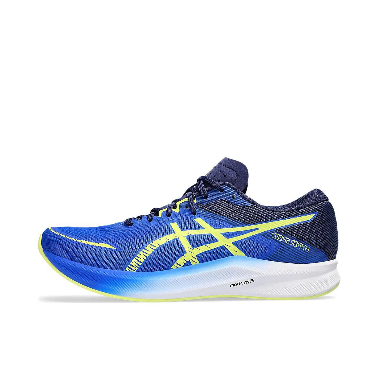 推荐商品：Asics/亚瑟士 Hyper Speed 3 跑鞋 轻量FLYTEFOAM科技圆头缓震回弹防滑耐磨织物碳板竞速 宽版/蓝色/黄色