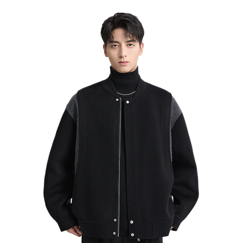 推荐商品：黑择明 拼色绵羊毛棒球领短款毛呢外套 HDB3J95370 黑 