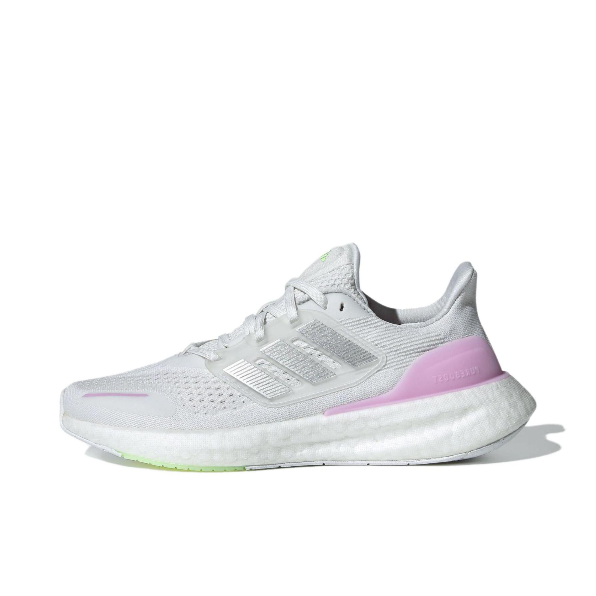 推荐商品：adidas Pureboost 23 跑鞋 减震网面训练轻便 女款/晶白/金属银/祈福淡紫