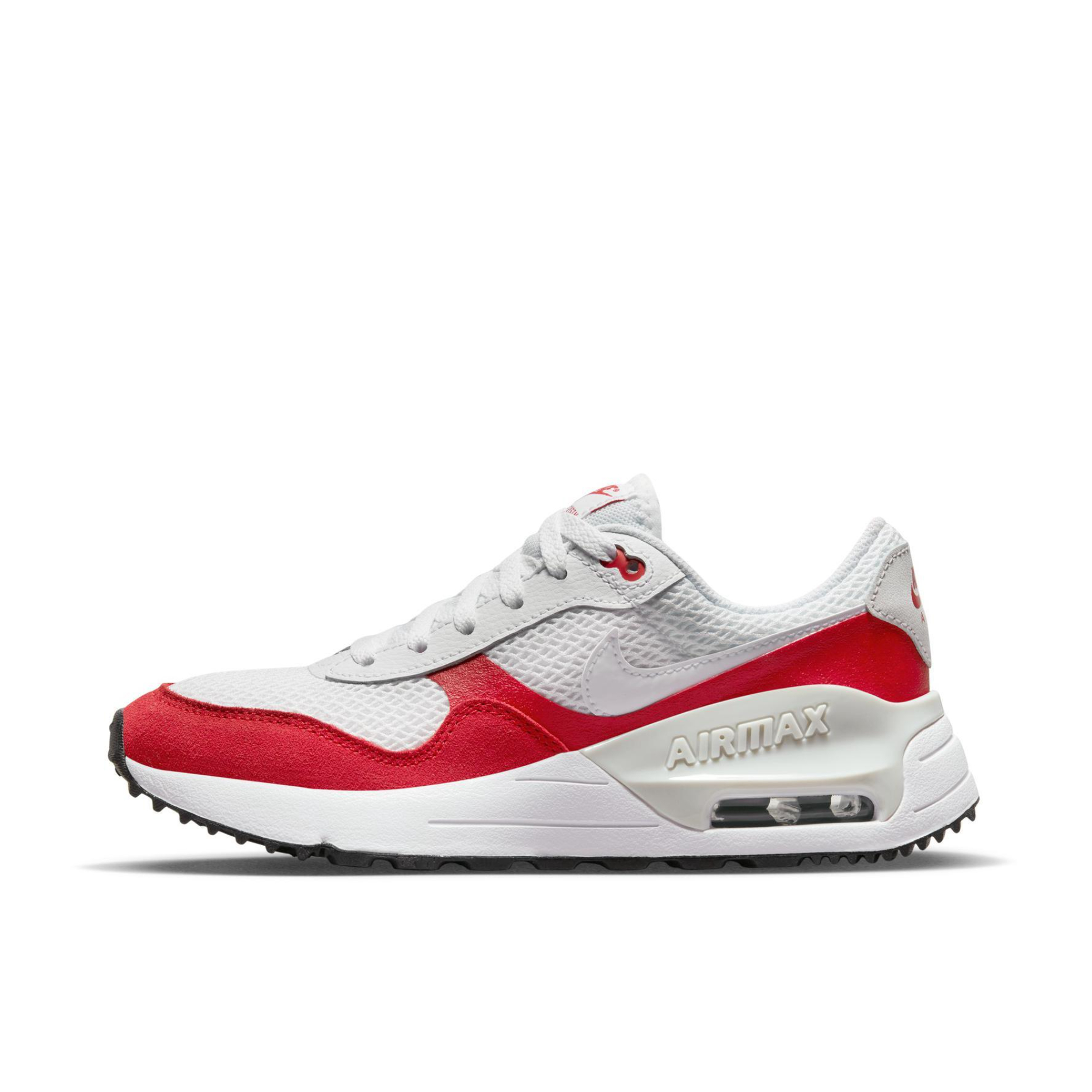 推荐商品：Nike Air Max Systm 气垫 网面透气 防滑耐磨 减震轻便 复古 织物 跑鞋 GS/白色/大学红色/尘光子色
