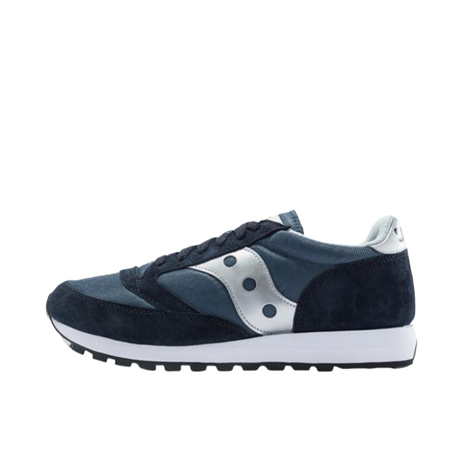 推荐商品：Saucony/索康尼 Jazz 81 织物 猪皮 圆头 合成革 经典复古 防滑耐磨 减震透气 跑步 运动休闲鞋 藏蓝/银色