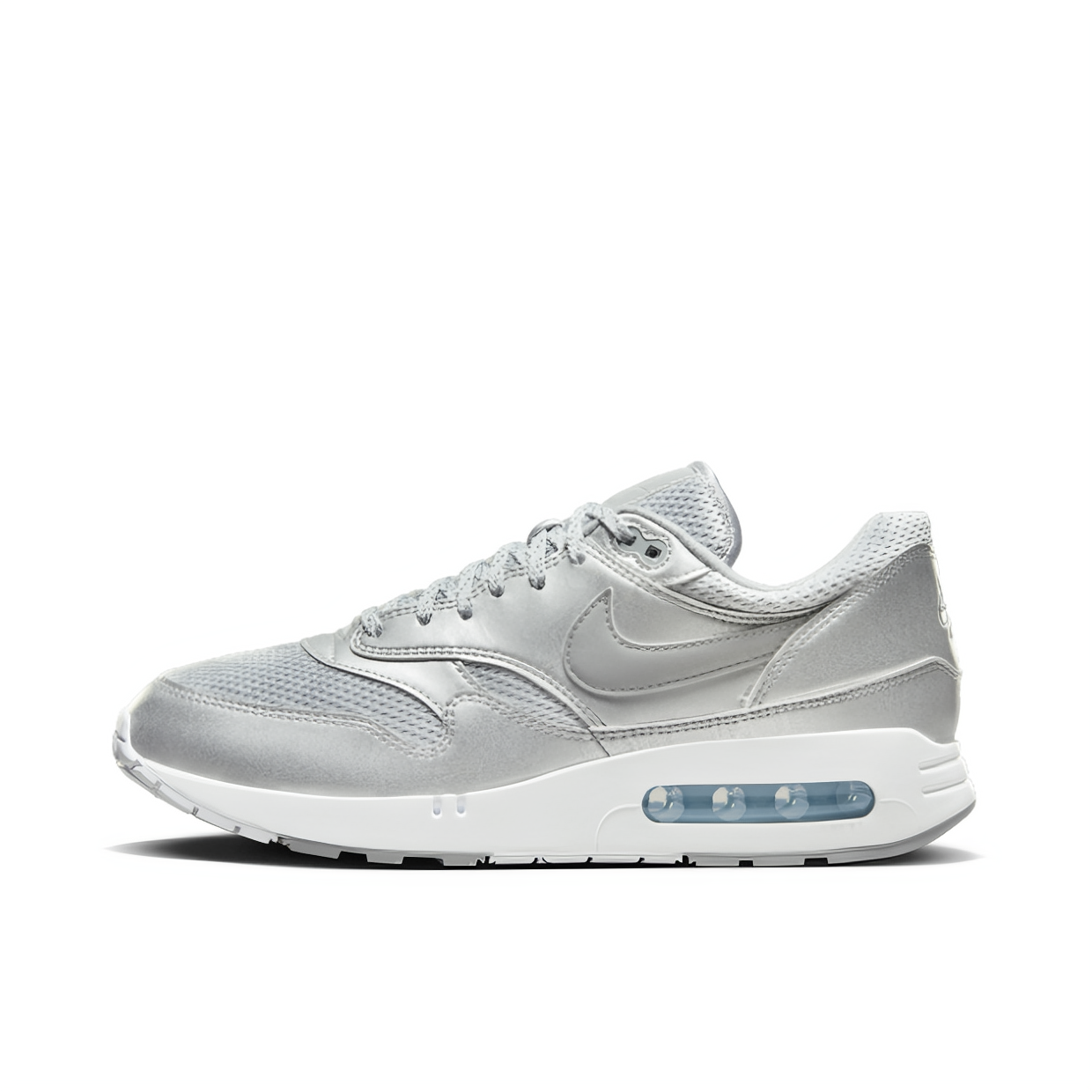 推荐商品：Nike Air Max 1 跑鞋 气垫缓震透气轻便复古运动舒适百搭潮流耐磨低帮训练防滑冬季支撑马拉松防水抓地圆头耐穿 银色/白色