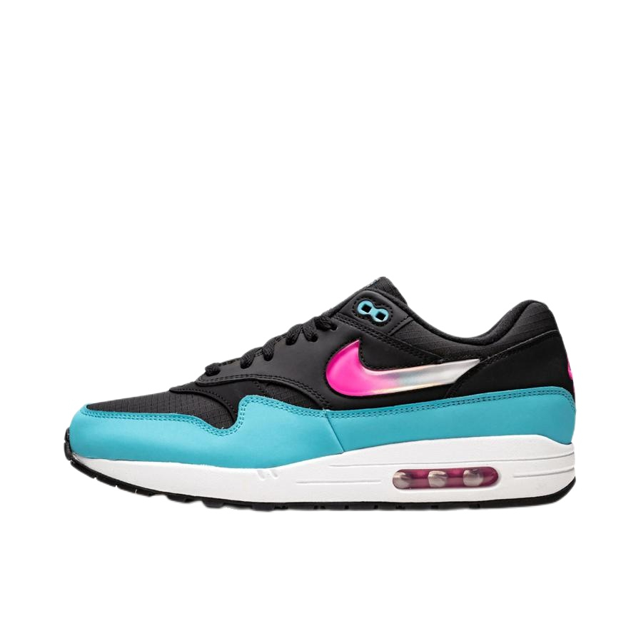 推荐商品：Nike Air Max 1 跑鞋 气垫缓震透气轻便复古运动舒适百搭潮流耐磨低帮训练防滑冬季支撑马拉松防水抓地圆头耐穿  Black/Lasert Fuchsia/Blue Fury 浅蓝色/激光紫红色/黑色