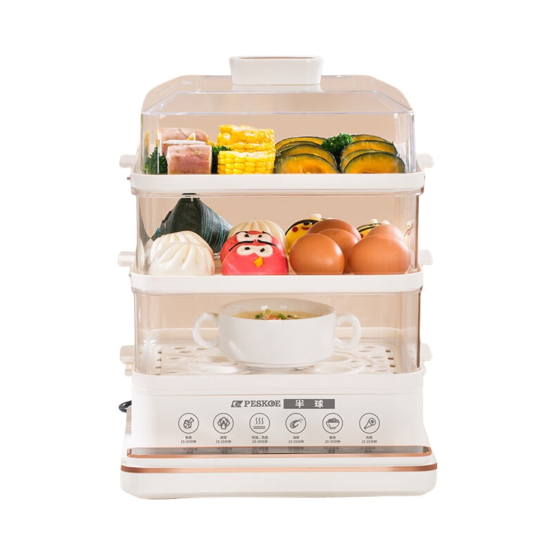 推荐商品：PESKOE/半球 电蒸锅 28L 家用多功能 多层蒸汽锅 长效保温 防干烧 智能菜单 蒸包子 大容量 分体式 全透明视窗 预约定时 自动断电
