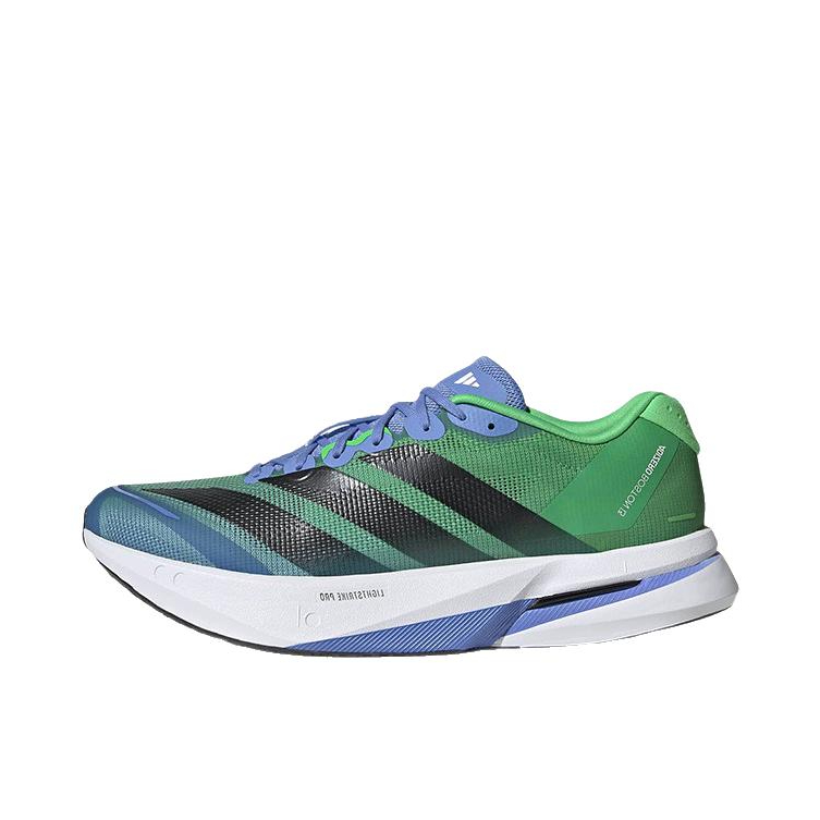 推荐商品：adidas Adizero Boston 13 跑鞋 低帮系带防滑耐磨透气玻纤柱竞训支撑贴合 绿色/融合蓝/黑色