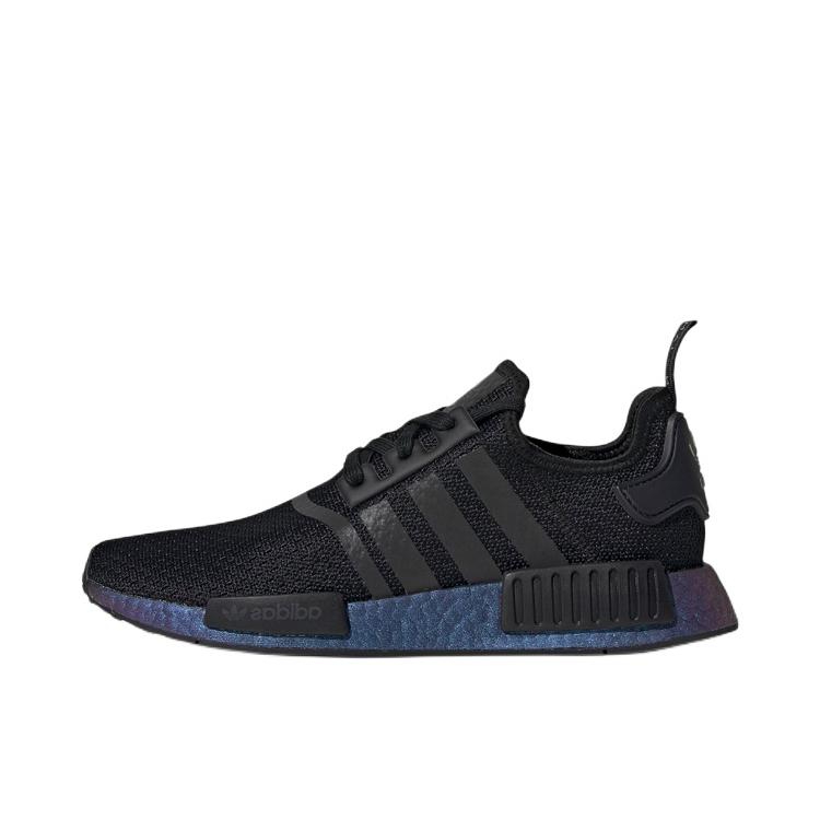 推荐商品：adidas Originals NMD R1 BOOST 织物 轻便透气 缓震 低帮 运动休闲鞋 Black Metallic 黑色/紫蓝炫彩