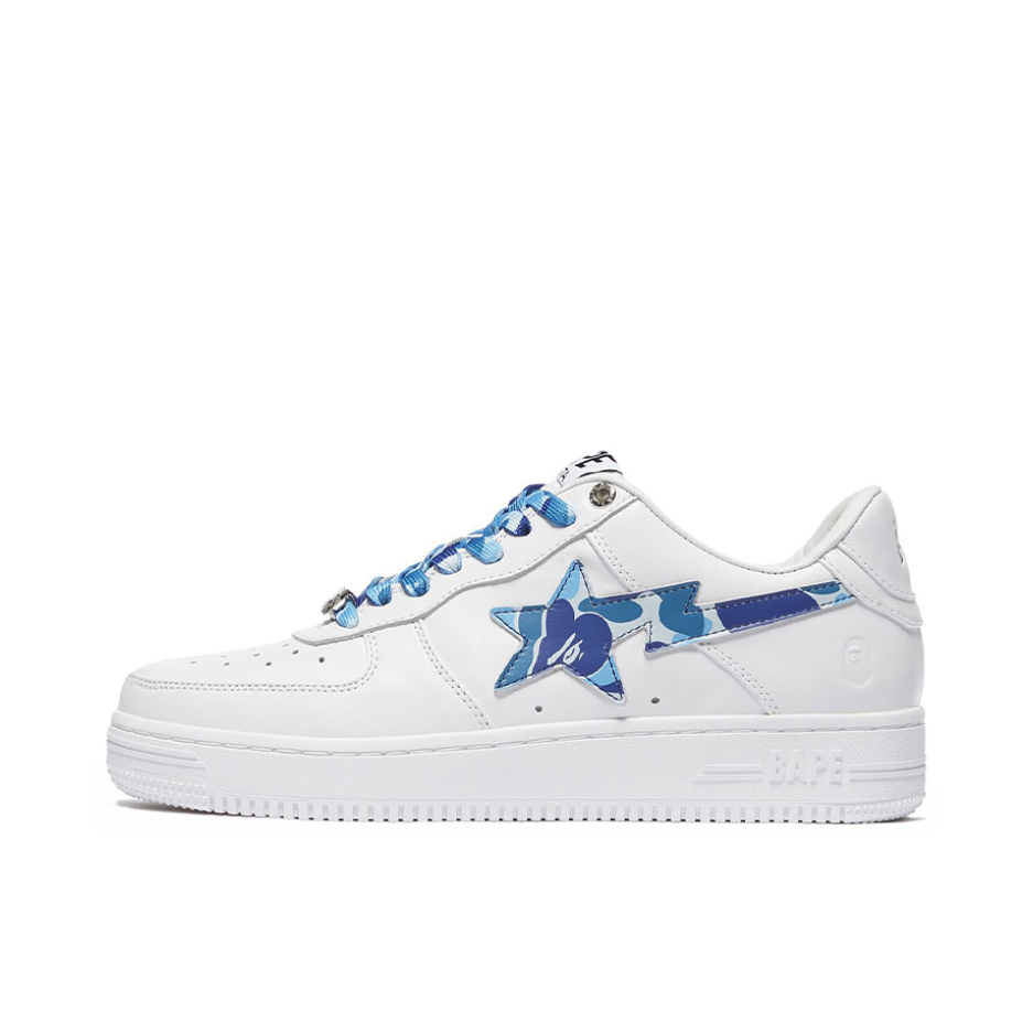 推荐商品：Bape Sta 板鞋 拼接舒适皮革防滑耐磨系带圆头时尚简约复古百搭牛皮压纹平跟徽标星星图案 白蓝