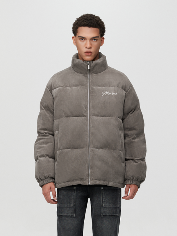 推荐商品：【穆祉丞同款】ATRY  麂皮立领字母印花羽绒服 男女同款 AY24062 深灰