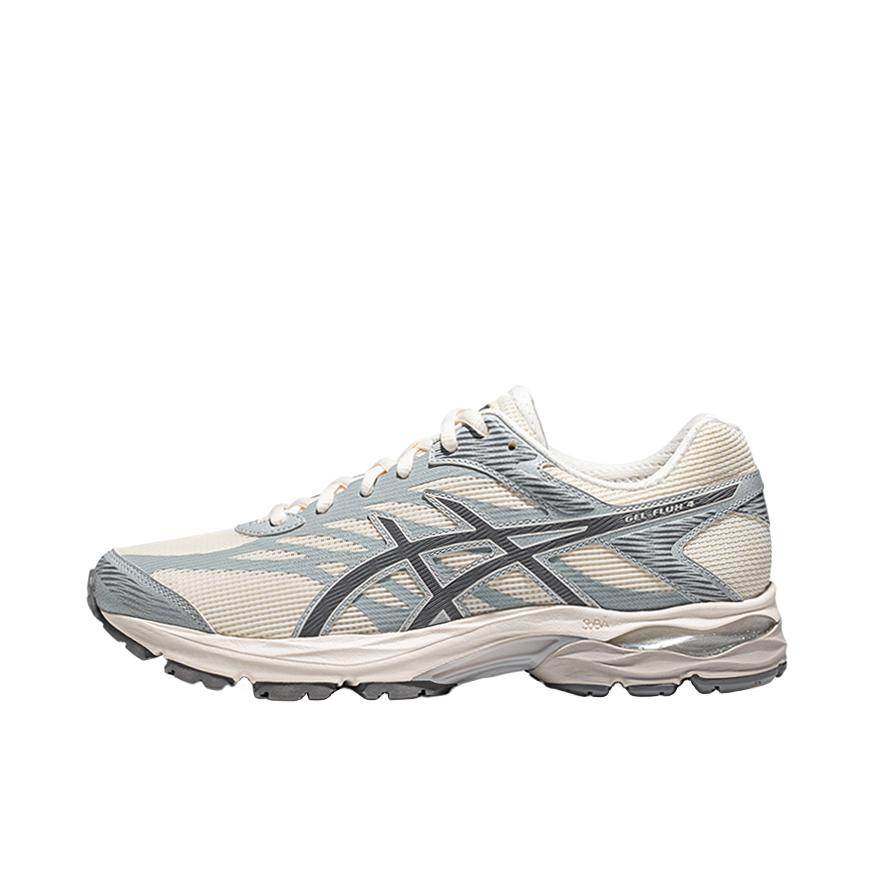 推荐商品：Asics/亚瑟士 Gel-Flux 4 跑鞋 包裹性舒适缓冲复古越野短跑慢跑织物轻量回弹合成革运动 男款/米色/灰色