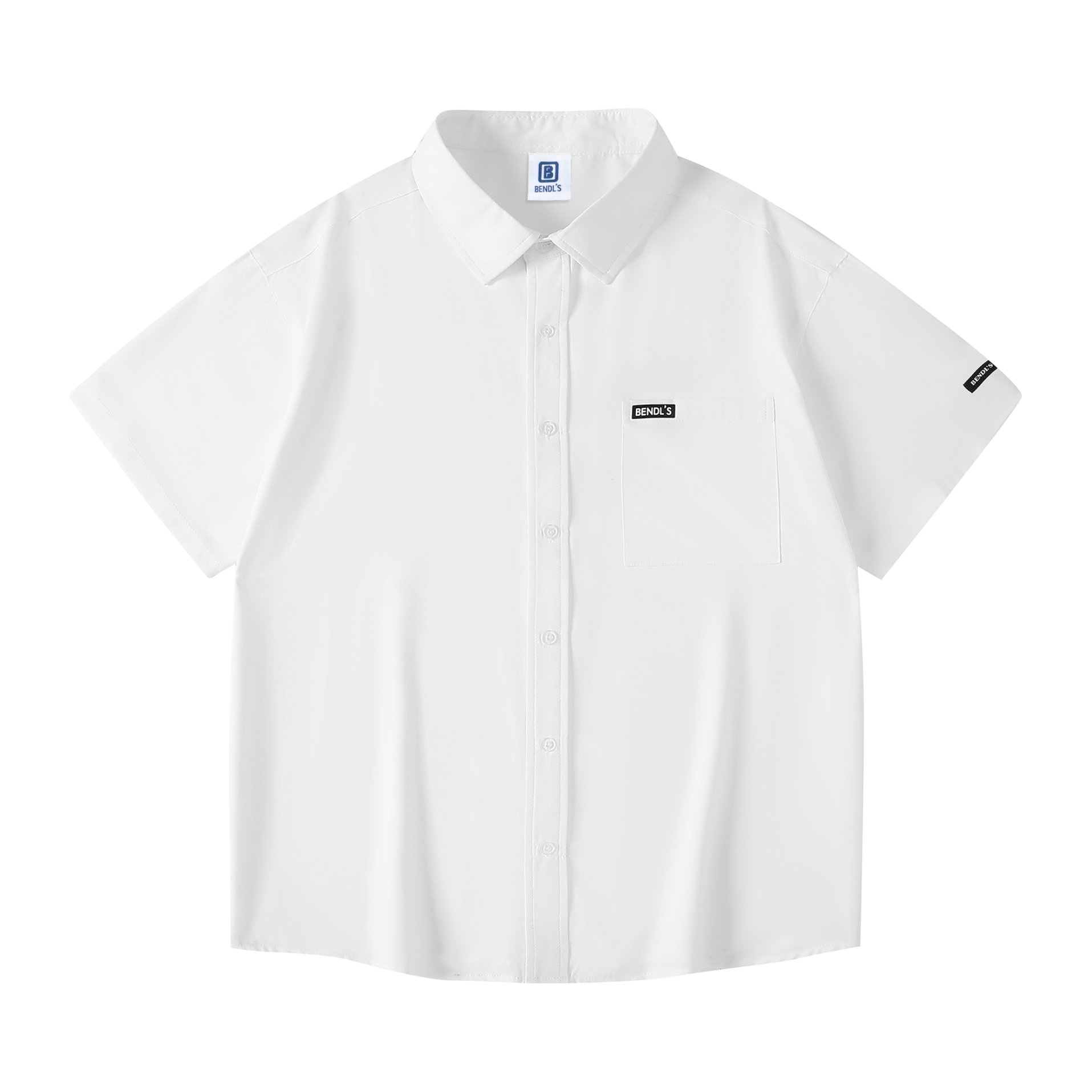 推荐商品：BENDL'S  美式复古字母Logo印花冰丝落肩单排扣短袖衬衫 男女同款 BD410347 白