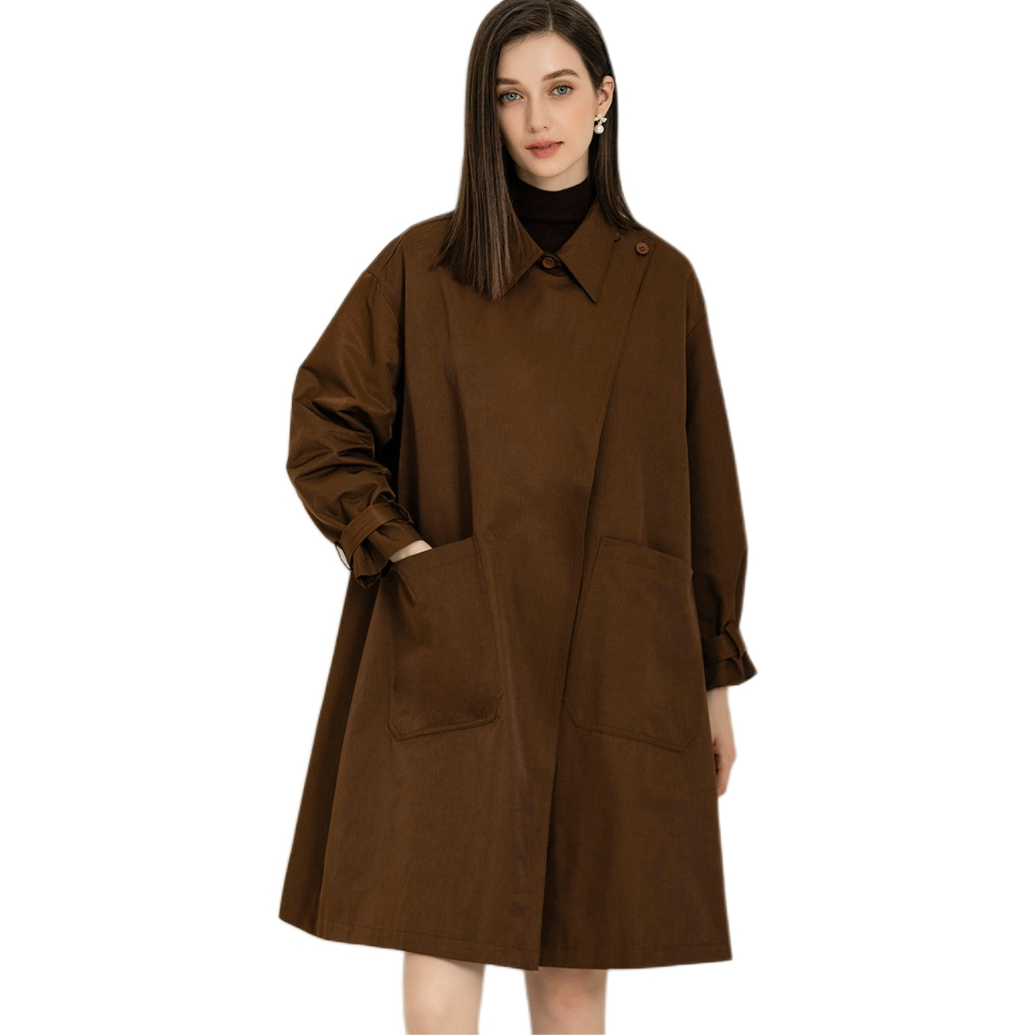 推荐商品：DONEED 廓形翻领不对称侧襟中长风衣 女装 D223SF7606 咖啡