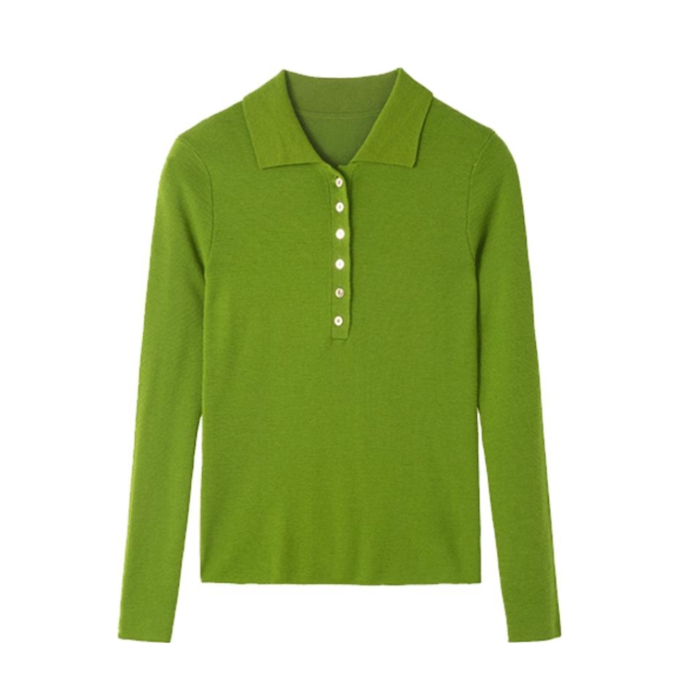 推荐商品：clothscenery/布景 绵羊毛翻领长袖套头修身针织衫 女装 BW04DH3002 暖绿