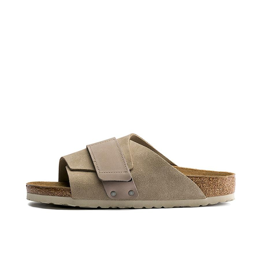 推荐商品：Birkenstock kyoto系列 舒适轻便 软木 牛皮 单带 一字 魔术贴 绒面革 拖鞋 浅棕色