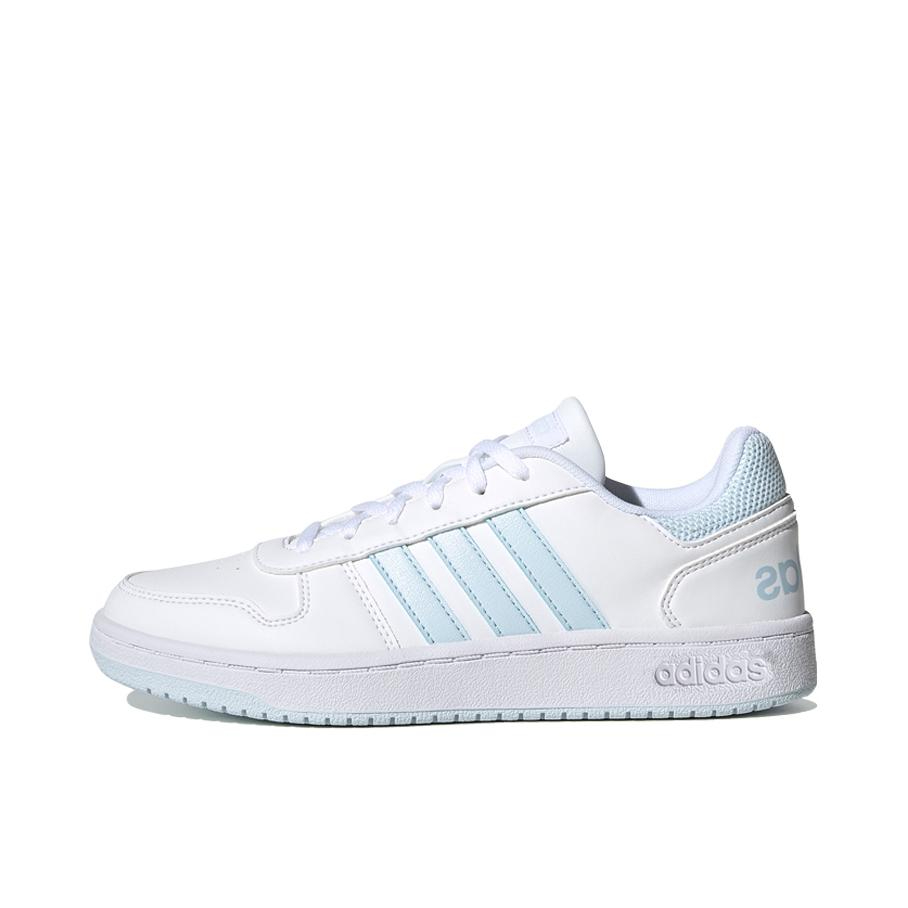 推荐商品：adidas Hoops 2.0 板鞋 简约百搭复古透气轻便舒适防滑耐磨圆头轻运动 女款/白色/浅蓝