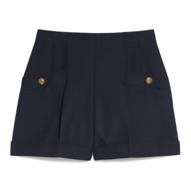 推荐商品：SANDRO 经典款时尚高腰简约纯色羊毛褶皱短裤 女装 SFPSH00097 深蓝