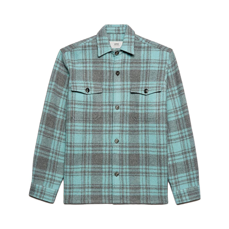 推荐商品：AMI AW23 设计师款羊毛格子翻领长袖衬衫 男女同款 UJK226.WV0014 宝蓝
