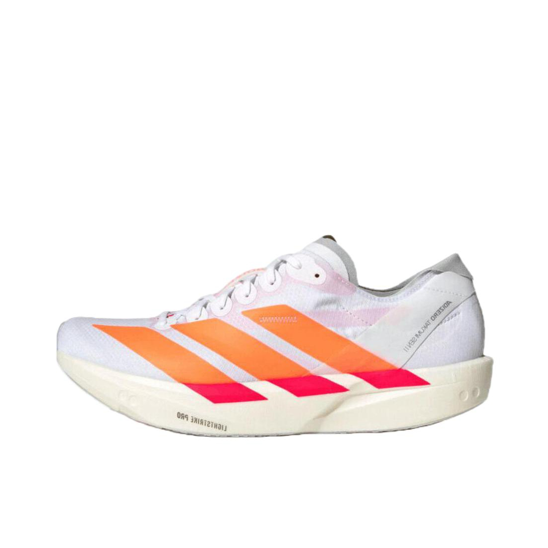 推荐商品：adidas ADIZERO TAKUMI SEN 11 跑鞋 LIGHTSTRIKE PRO科技玻纤柱专业竞速 白色/亮橙黄/亮红色