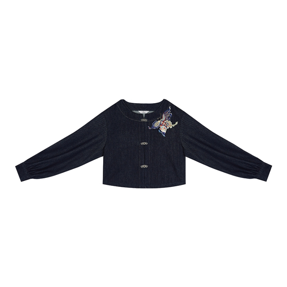 推荐商品：织造司 苍岚 牛仔圆领夹克八破裙唐制改良汉服 女装 深蓝/对襟外套