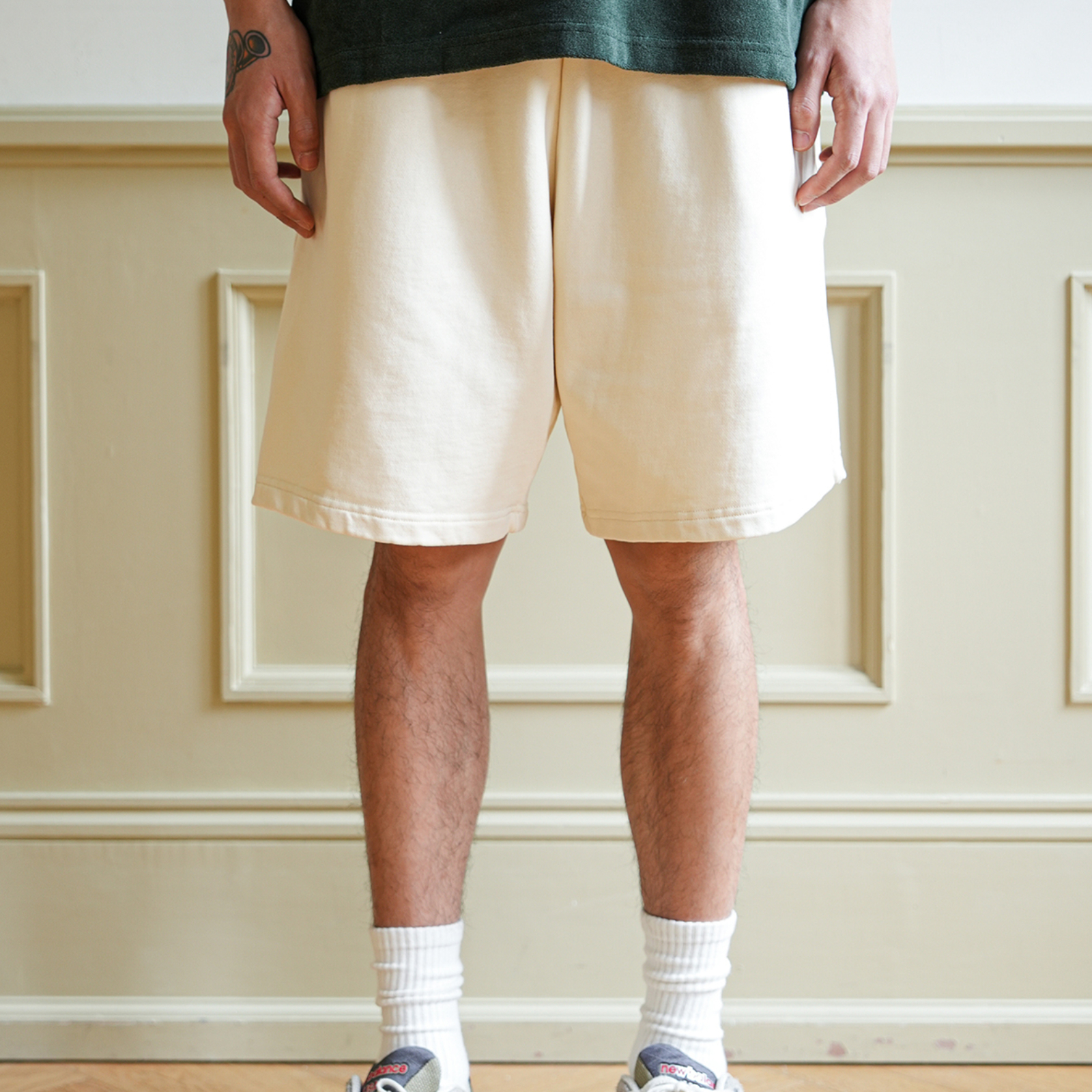 推荐商品：WHIMIN 有机棉重水洗日系休闲短裤 男女同款 淡米