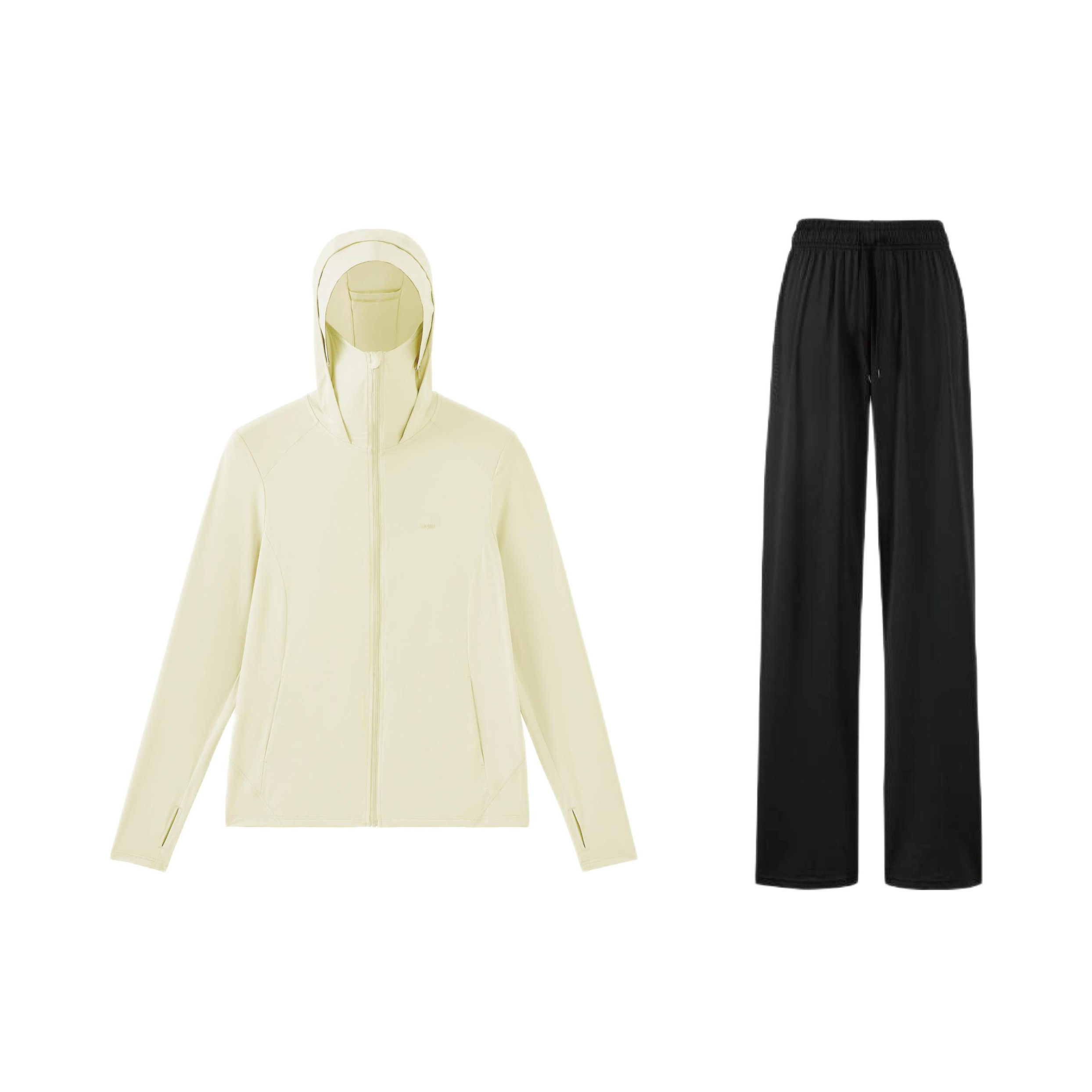 推荐商品：SINSIN 冰皮系列6.0air速干防紫外线拉链防晒衣套装 女装 上装浅黄+下装黑