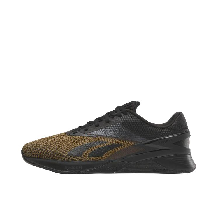 推荐商品：Reebok/锐步 Nano X3 减震防滑 舒适轻便 耐磨透气 不规则染 体能 百搭 力量训练 休闲运动 训练鞋 黑色/褐色