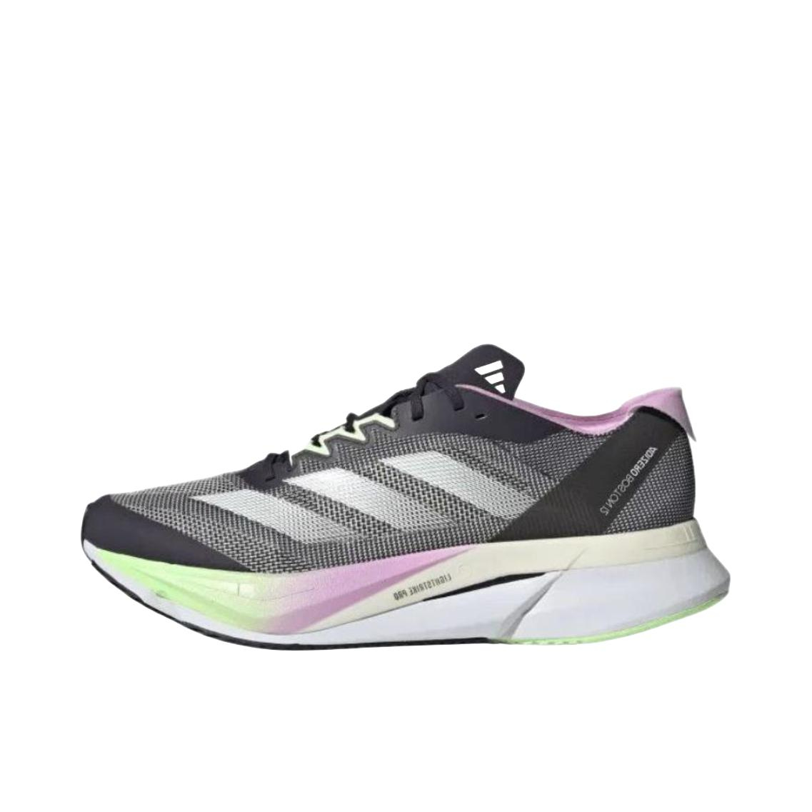 推荐商品：adidas Adizero Boston 12 跑鞋 碳板玻纤柱耐磨缓震马拉松运动支撑 黑色/银色/绿色
