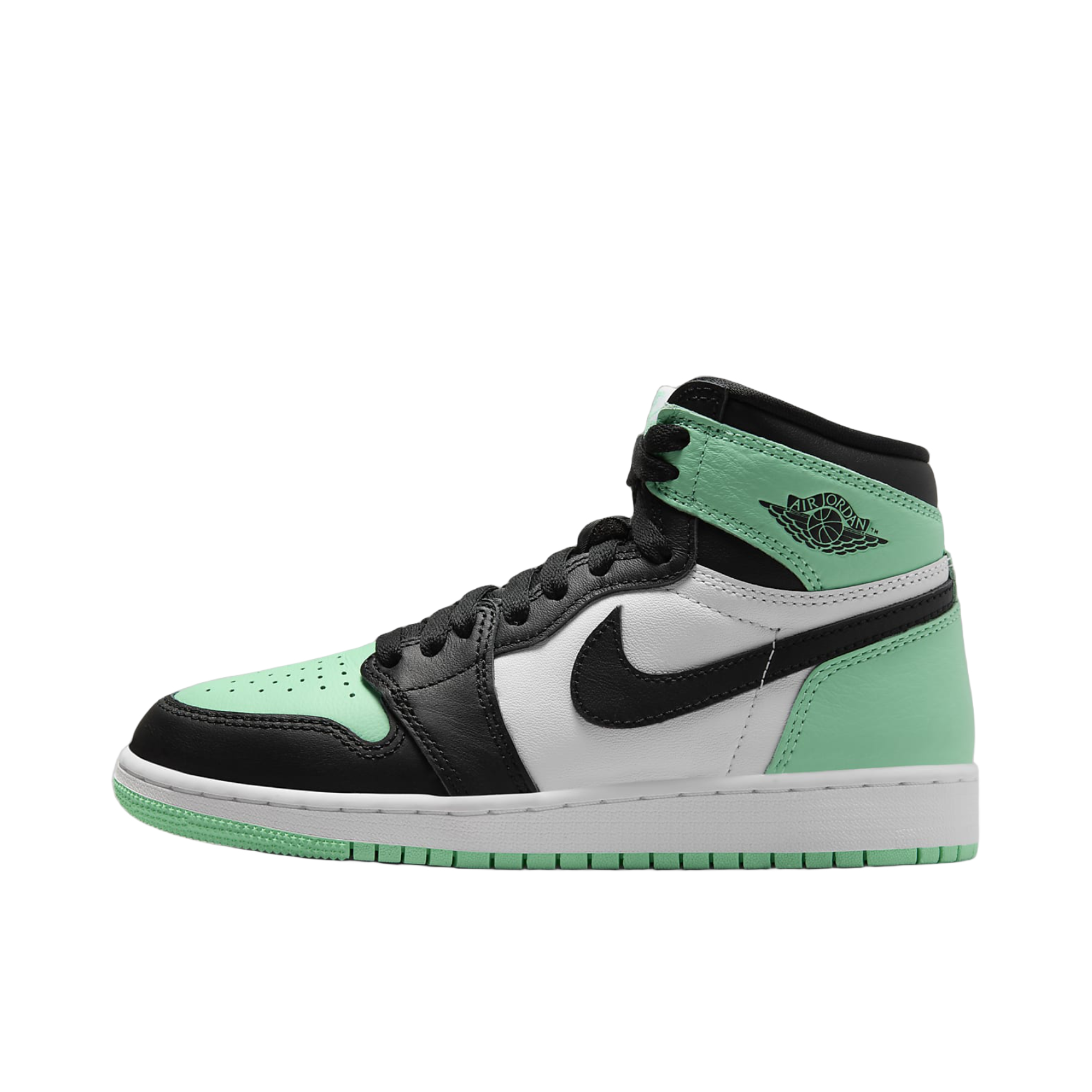 推荐商品：Air Jordan 1 板鞋 运动休闲鞋 复古潮流支撑合成革 OG/GS/高帮/白色/黑色/光辉绿