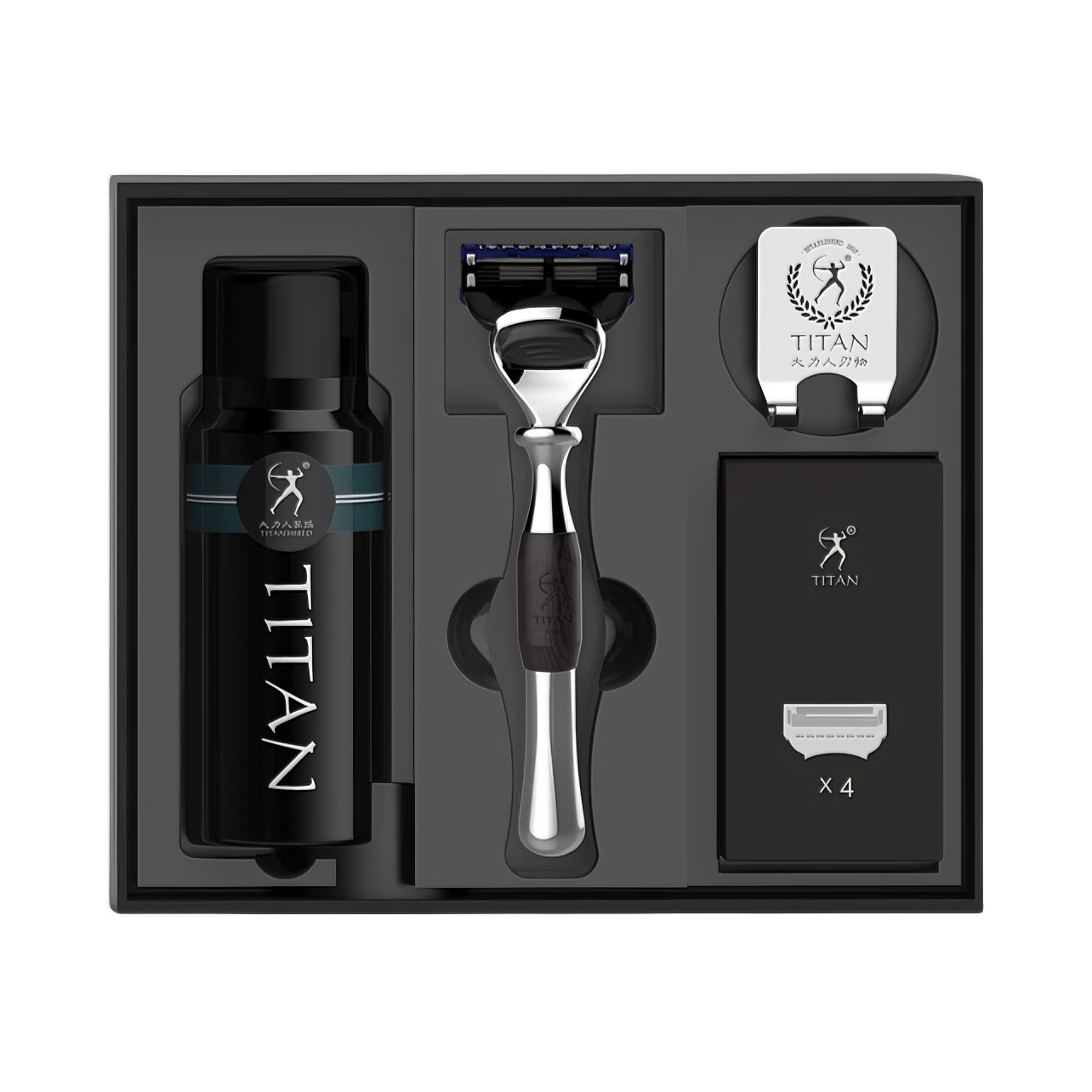 推荐商品：TITAN/大力人 进口5层刀片男士手动老式剃须刀套装 黑檀金属