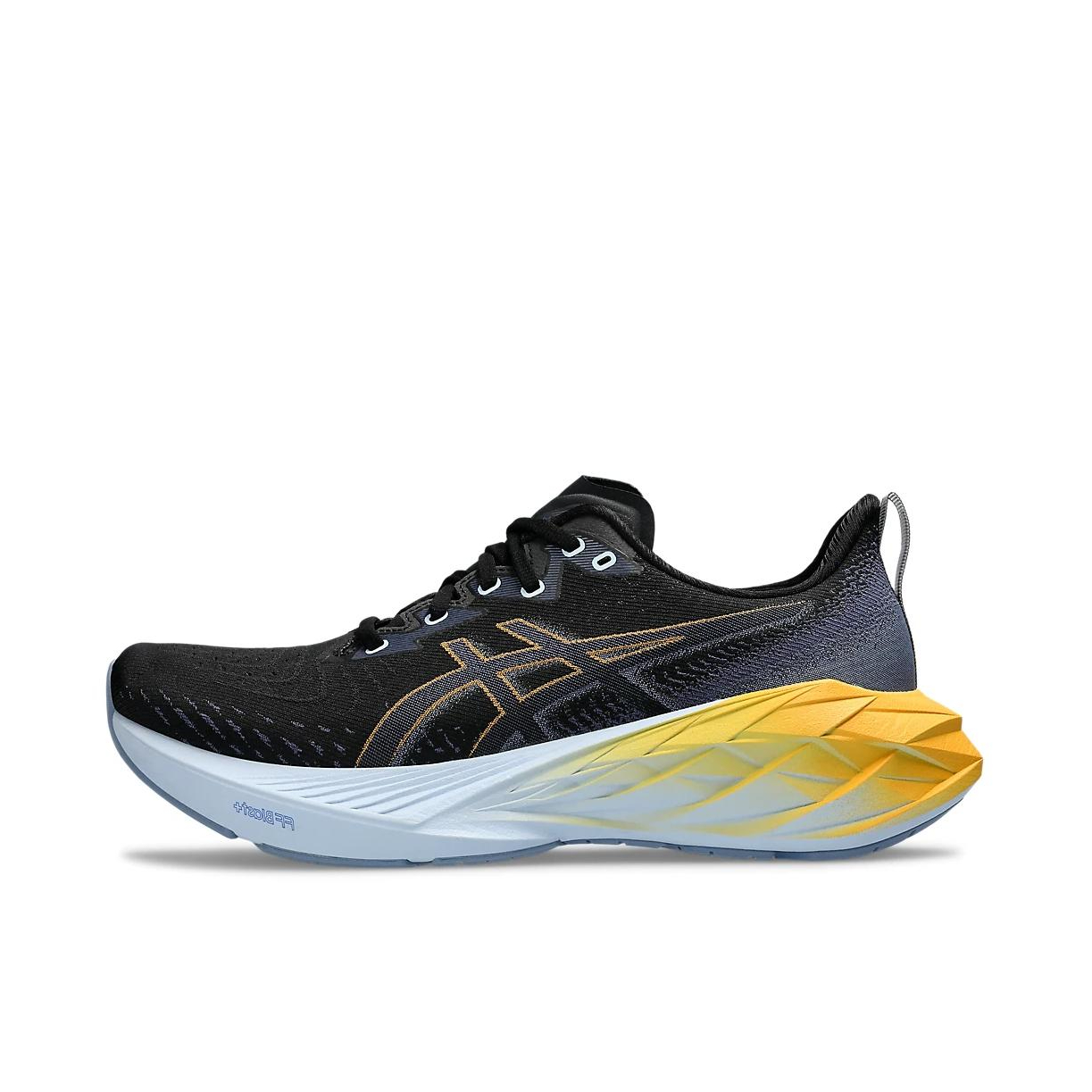 推荐商品：Asics/亚瑟士 Novablast 4 跑鞋 防滑耐磨缓震回弹舒适排汗透气织物长跑夜跑 黑色/黄色/蓝色