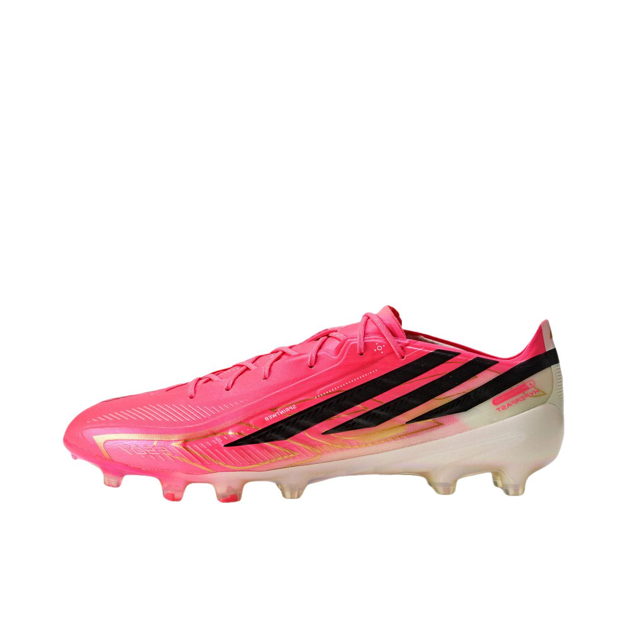 推荐商品：adidas F50 HYPERFAST ELITE AG 足球鞋 人造草地胶质短钉 漩涡荧光红/黑色/金色
