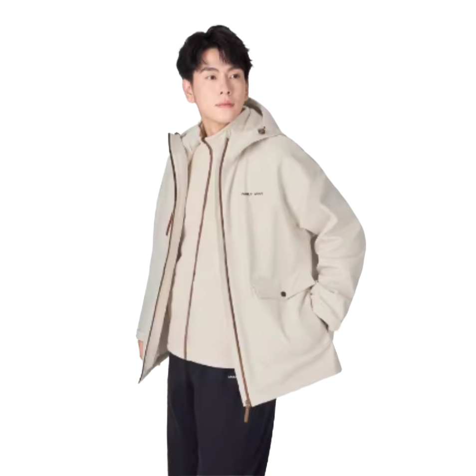 推荐商品：【沈梦辰同款】MOLYVIVI/魔力薇薇 爬山防风防水加绒软壳三合一修身加厚收腰长袖冲锋衣 男女同款 MLLJ23423 燕麦白/男