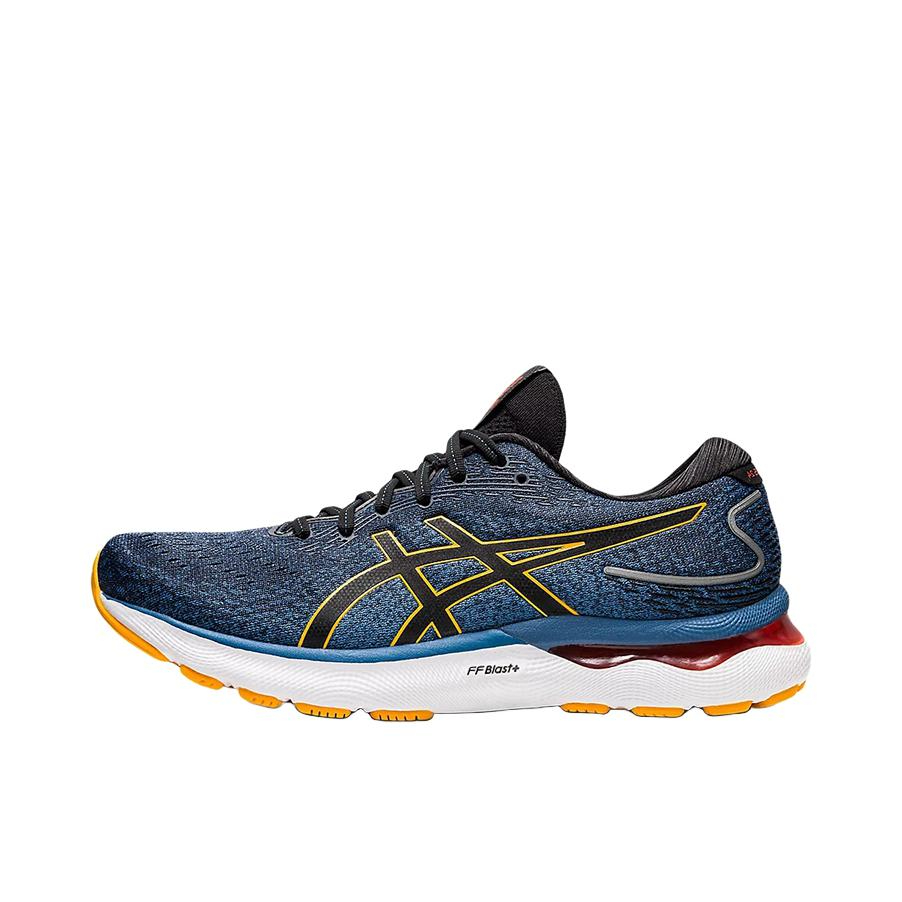推荐商品：Asics/亚瑟士 Gel-Nimbus 24 跑鞋 圆头包裹轻便缓震透气稳定支撑回弹复古碳板织物夜跑 蓝色/棕色