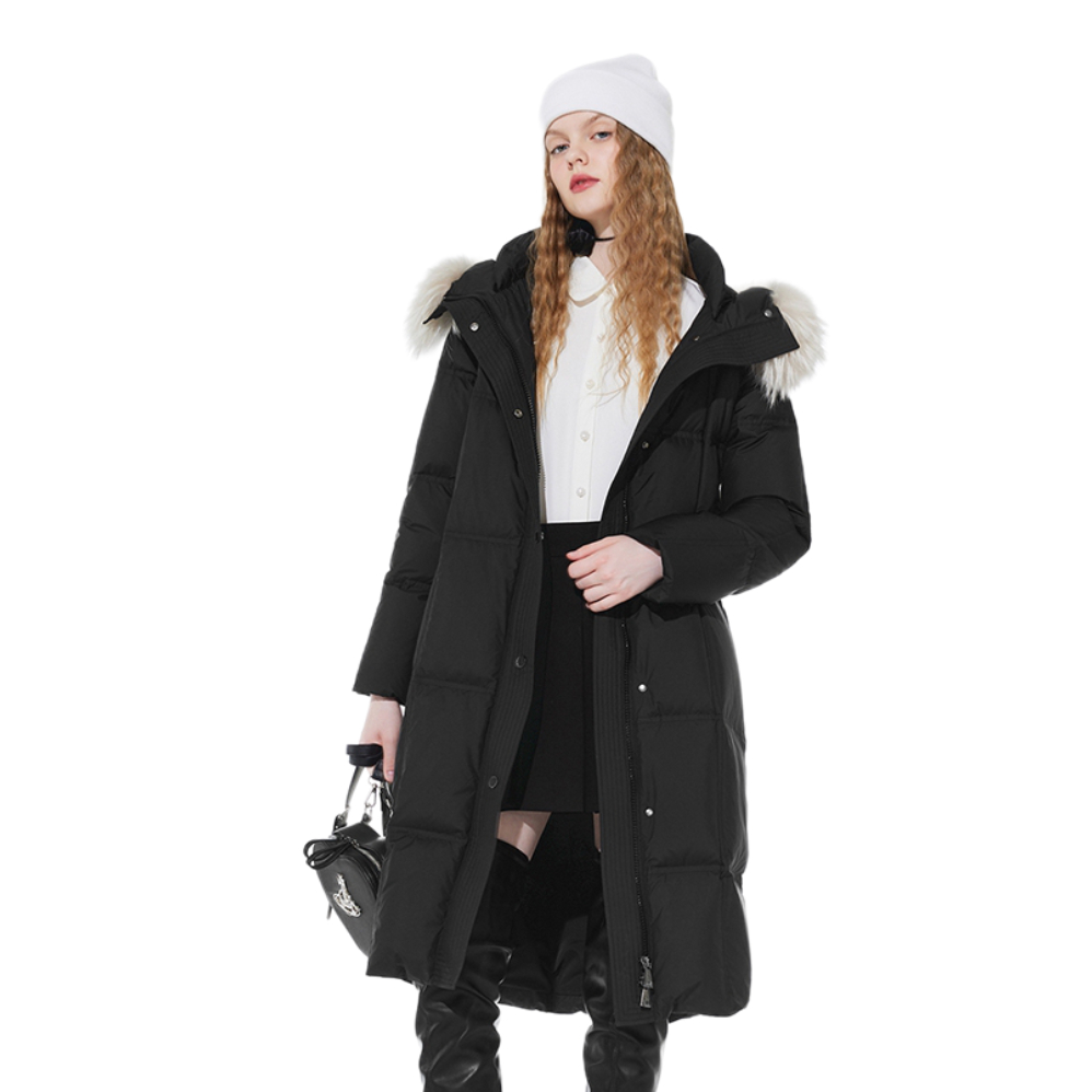 推荐商品：LIMEFLARE/莱茵福莱尔 霍尔多巴吉白鹅绒连帽防风长款羽绒服 女装 XXLMED18OLC005AA 黑