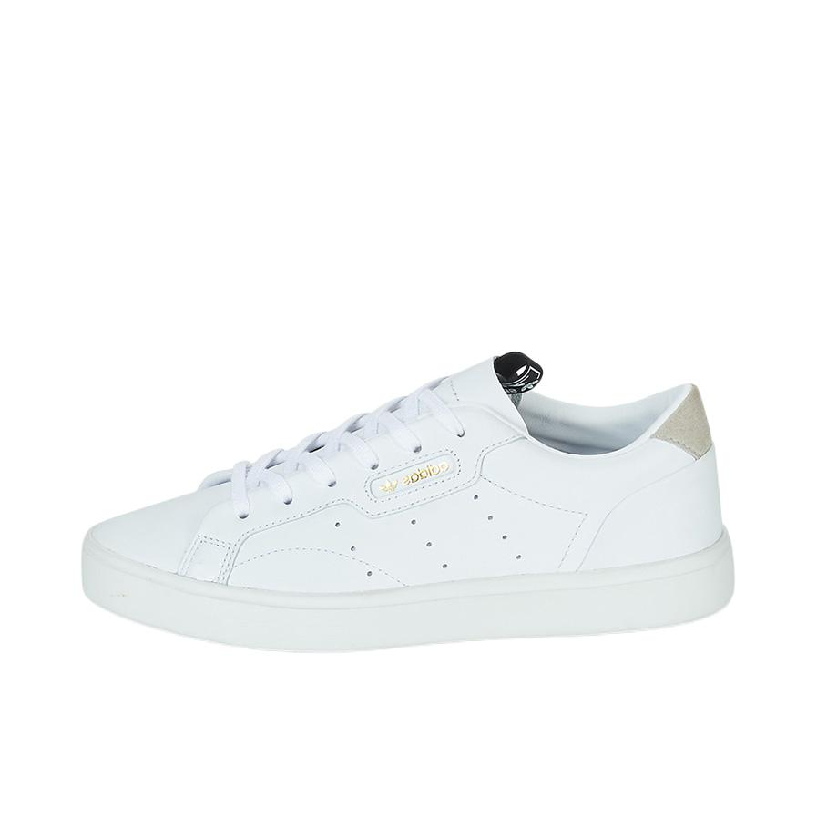 推荐商品：adidas Sleek 板鞋 时尚经典复古舒适百搭防滑耐磨轻便透气耐用包裹性 Cloud White/Crystal White 白灰/金标