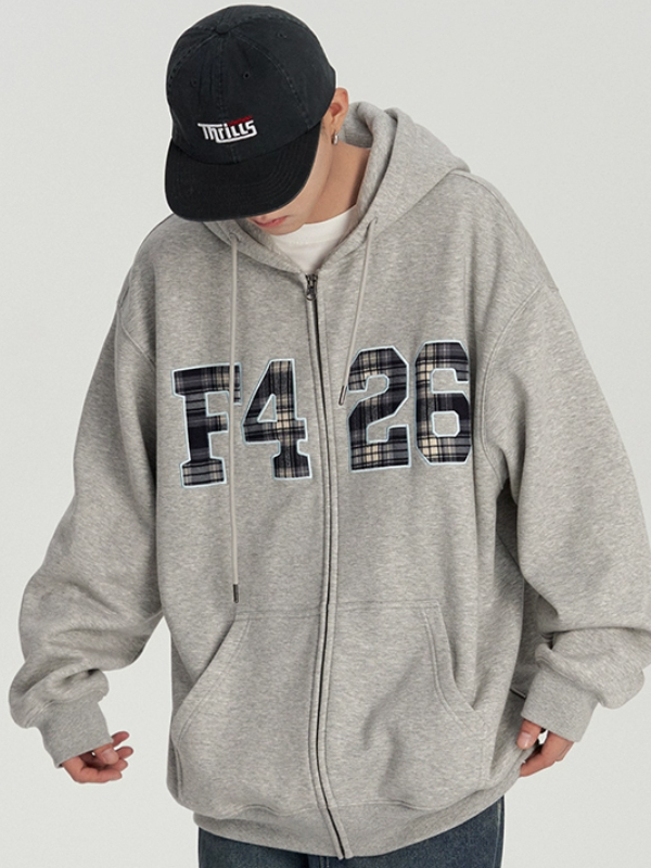 推荐商品：【吴俊霆同款】F426 情侣大logo格子贴布绣开衫拉链连帽卫衣 BDWY23AW-5441 花灰