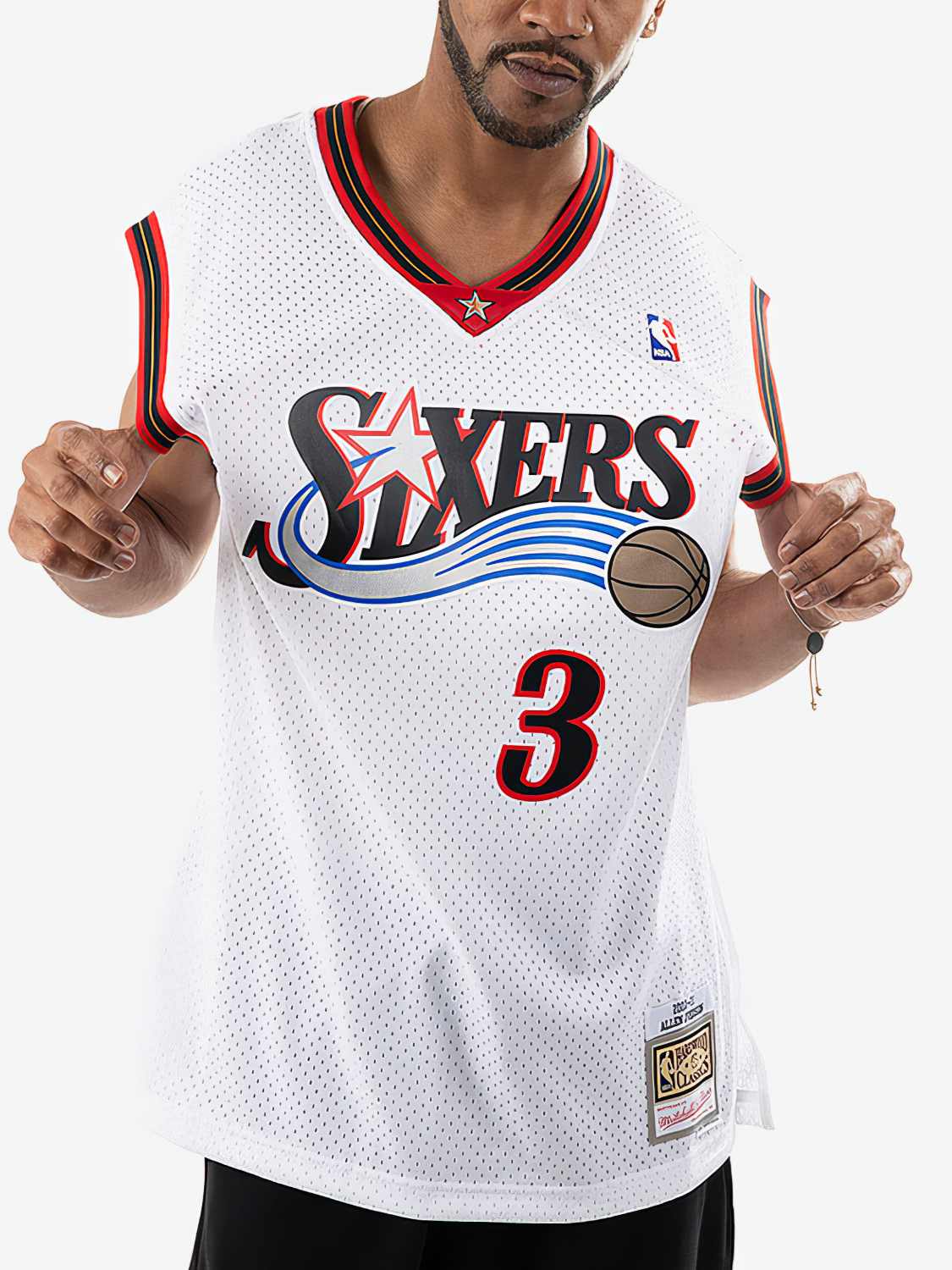 推荐商品：Mitchell Ness NBA艾弗森 76人队网眼刺绣无袖SW复古球衣赛季篮球服 00-01/Classics/AU