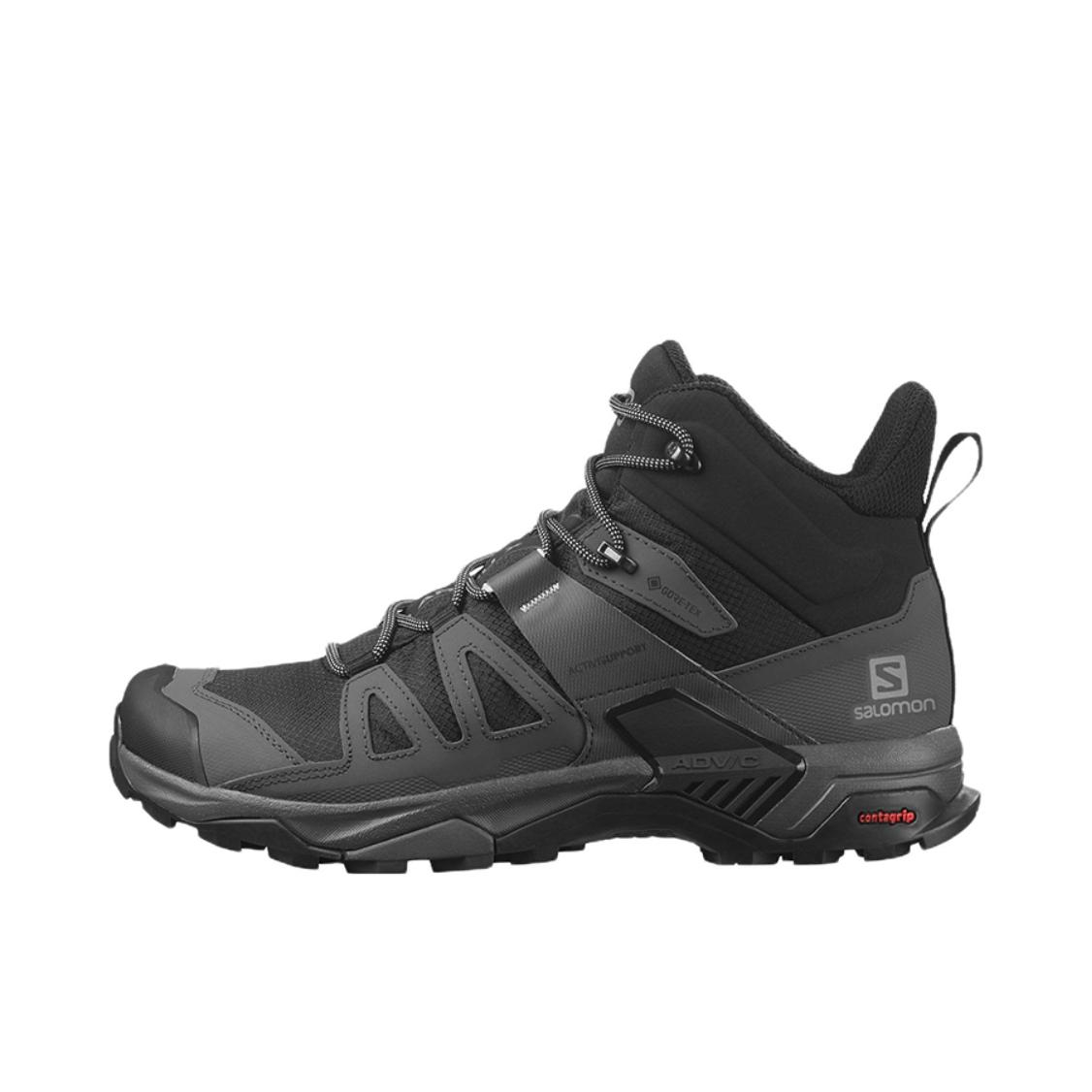 推荐商品：Salomon/萨洛蒙 X Ultra 4 GTX 户外休闲鞋 防水透气登山徒步织物稳定包裹稳定抓地缓震抗冲击 中帮/灰色/黑色