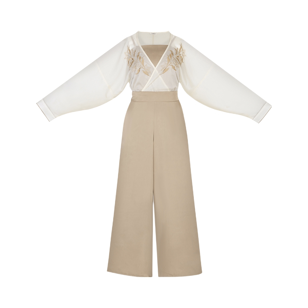 推荐商品：织造司 引染 交领衫宋制改良吊带宋裤汉服 女装 杏棕/三件套