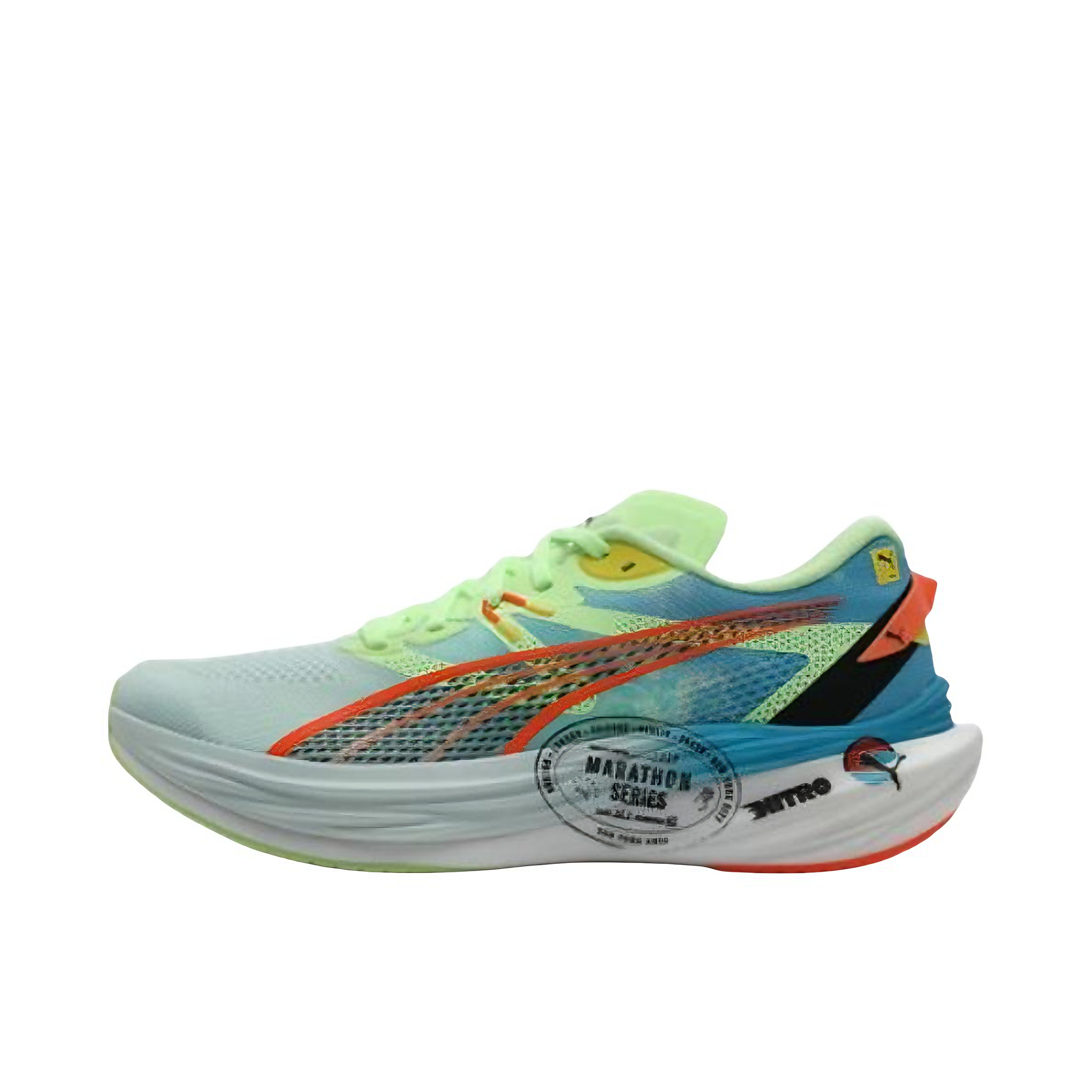 推荐商品：Puma/彪马 Deviate Nitro 3 透气缓震 舒适百搭 碳板 氮气科技 长跑 跑鞋 女款/蓝色/青苹绿