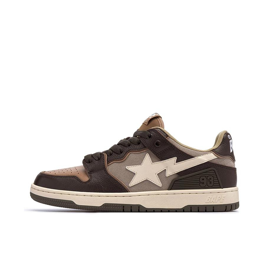 推荐商品：Bape Sta 板鞋 拼接舒适皮革防滑耐磨系带圆头时尚简约复古百搭牛皮压纹平跟徽标星星图案 红棕色