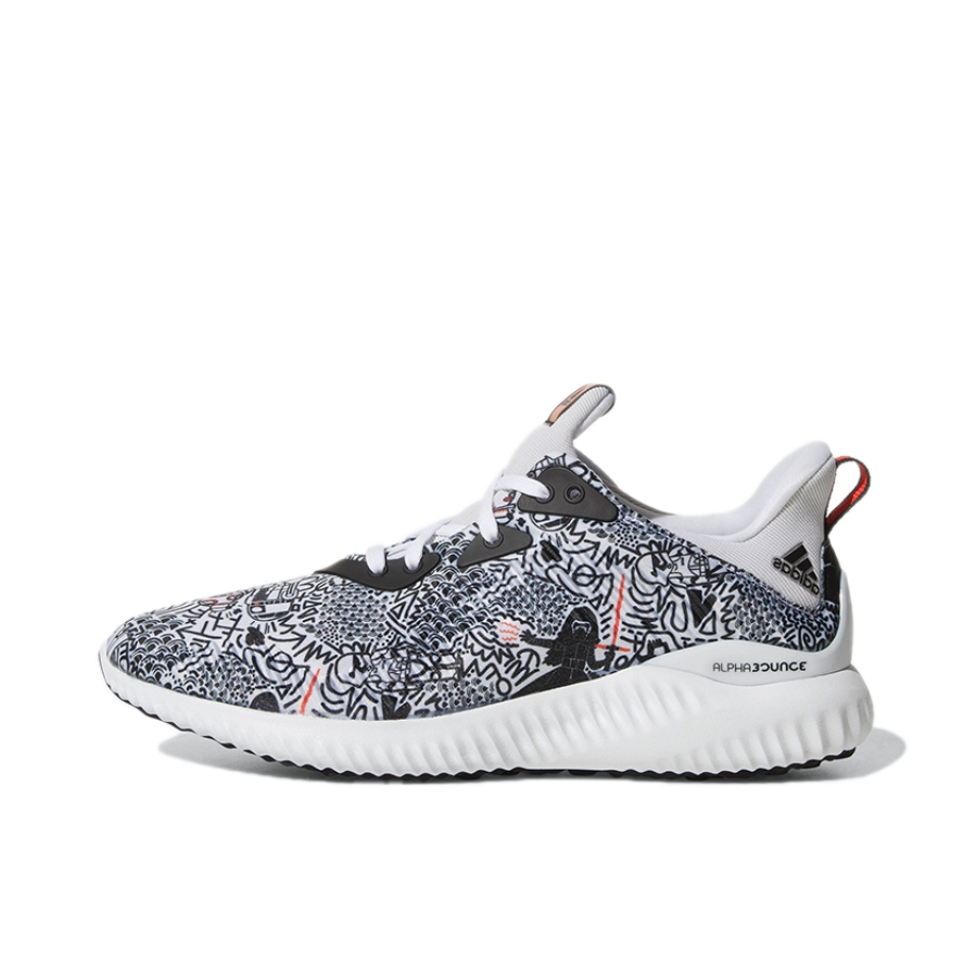 推荐商品：adidas Alpha Bounce 休闲 网面透气 防滑耐磨 减震轻便 运动 缓震 支撑 织物 舒适 跑鞋 Core Black/Cloud White Star Wars联名/黑白涂鸦