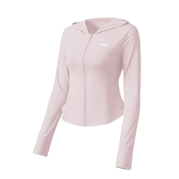 推荐商品：SINSIN  轻塑冰皮直筒修身防紫外线波粒带帽风感冰丝小细腰收腰拉链连帽防晒衣 女装 S24XW07004 裸杏粉