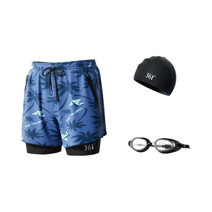 推荐商品：361° 加大双层加肥假两件防尴尬游泳装备松紧泡温泉速干五分平角泳裤 SLY224219 蓝椰树/三件套/泳裤+硅胶泳帽+泳镜