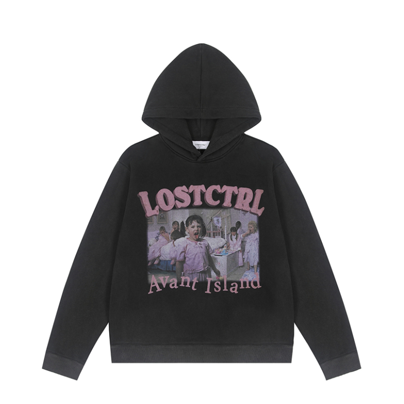 LostCtrl 美式复古水洗做旧印花连帽卫衣 男女同款 黑
