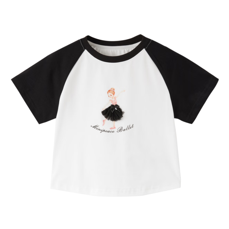 推荐商品：minipeace童装 轻薄透气拼色短袖T恤 女中大童 F2CNE2A79 黑白