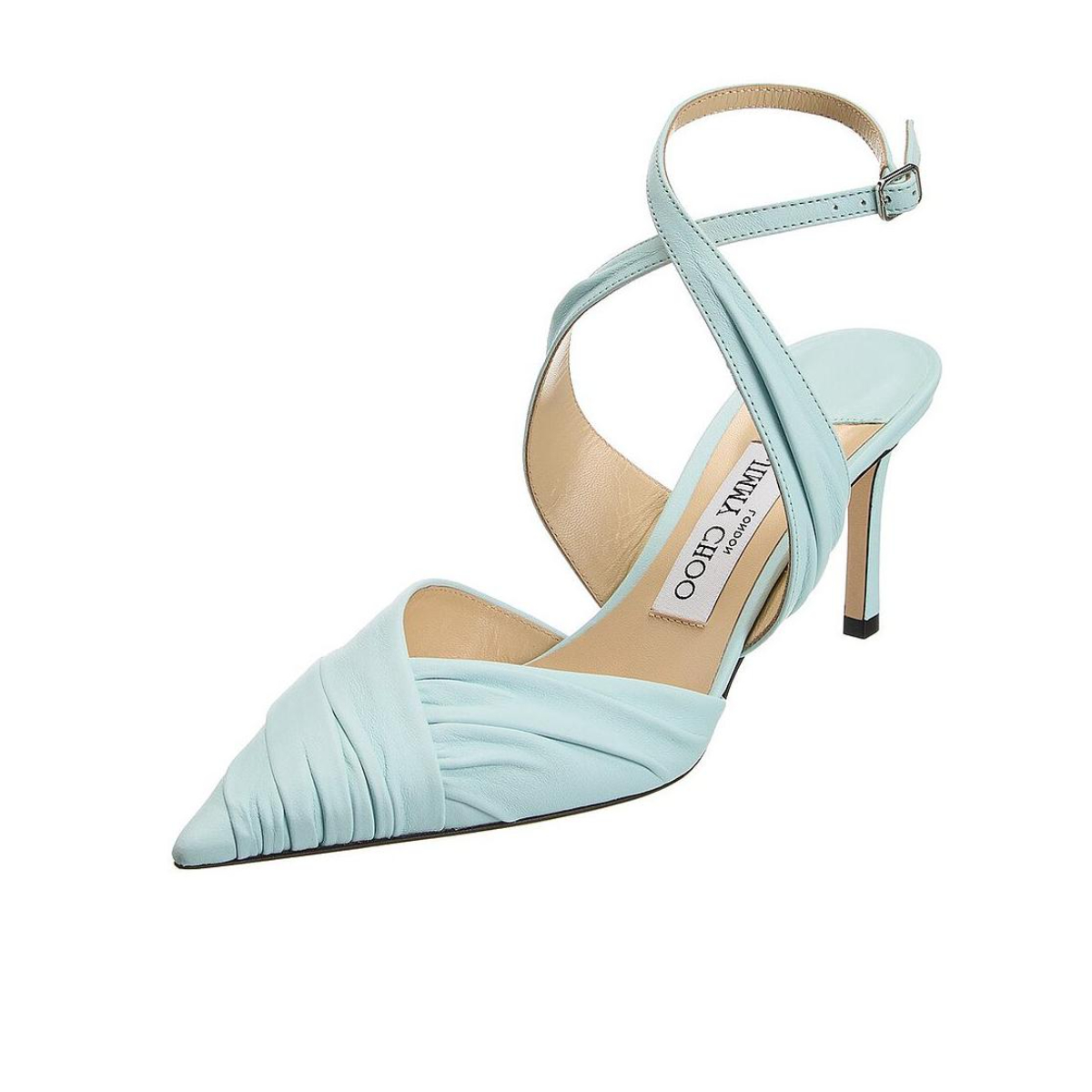 推荐商品：Jimmy Choo 褶皱穆勒 绑带 尖头 细跟 高跟鞋 BASIL75ZSACARAMEL 天蓝色