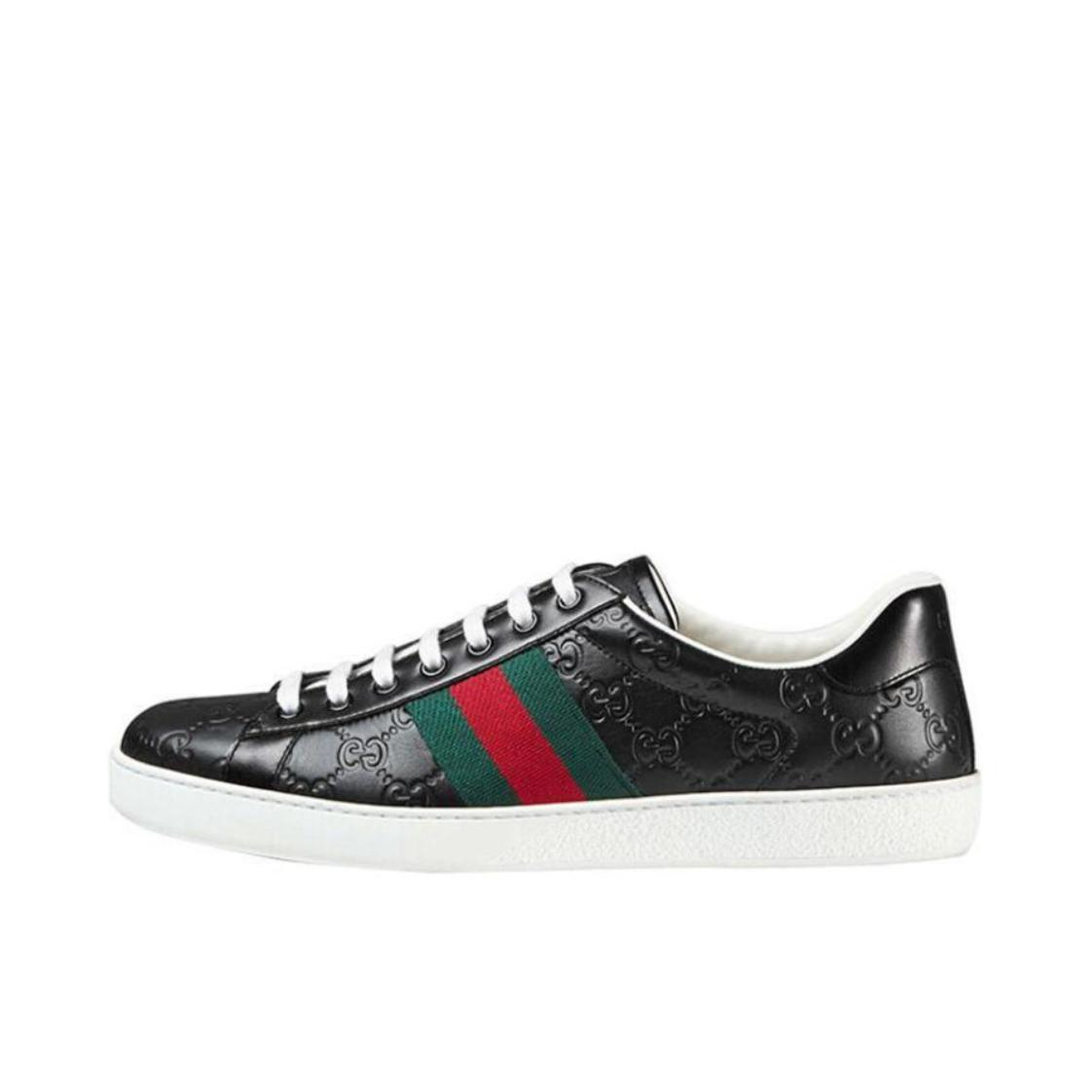 推荐商品：Gucci Ace Signature系列 时尚舒适 压花纹 板鞋 黑色/绿色