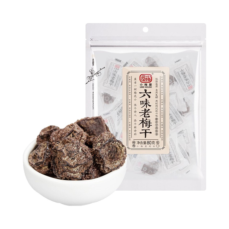 推荐商品：小梅屋 六味老梅干 袋装 无核酸甜休闲解馋 80g